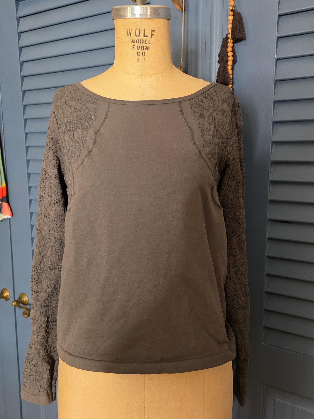 Anthropologie Charcoal Gray Lace-Sleeve Long-Sleeve Tee